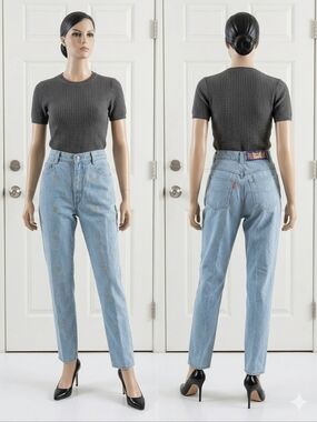 Vintage Monique Jeans Light Blue High-Rise Jeans with Astrology Embroidery